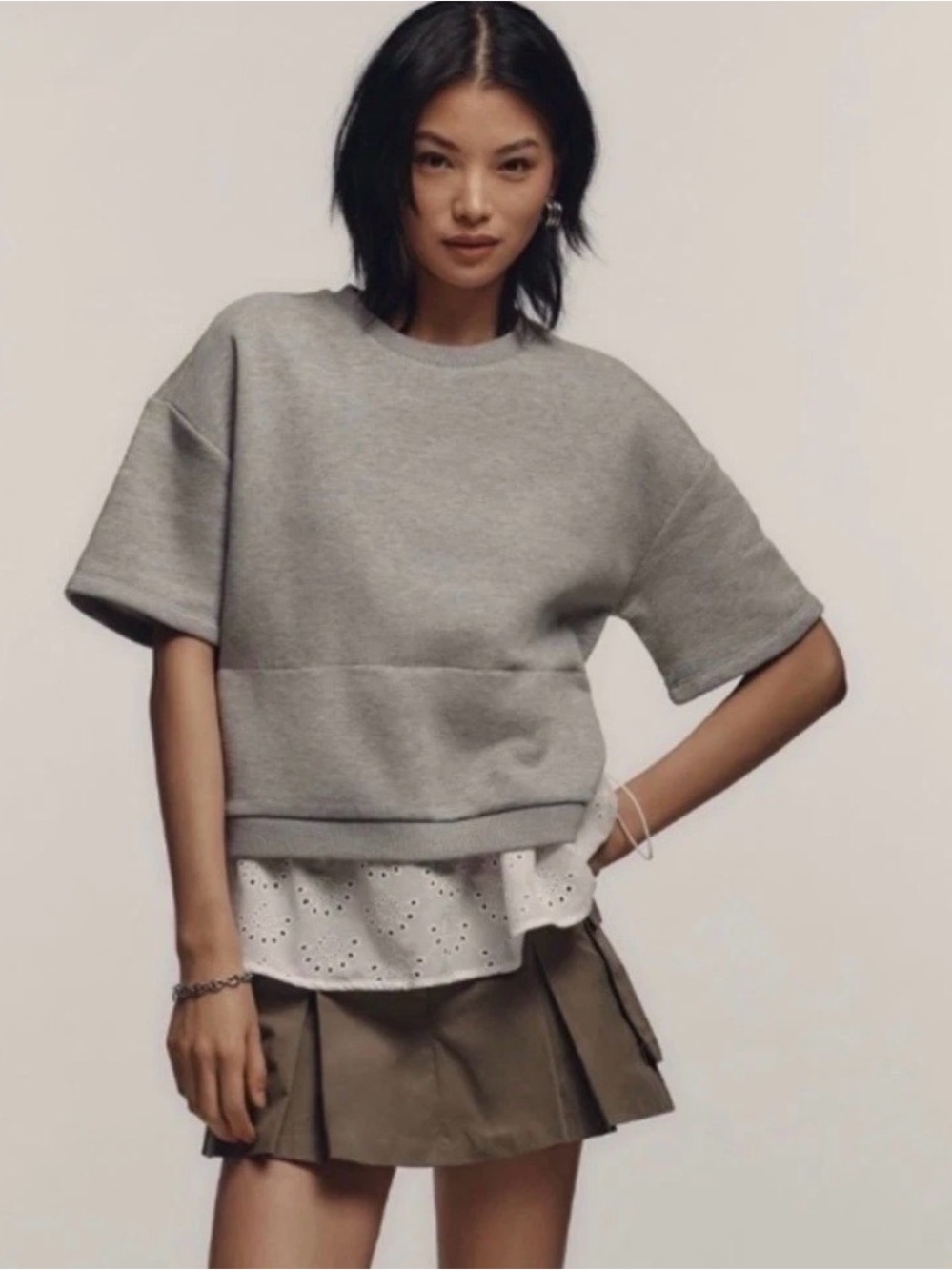 Anthropologie Short-Sleeve Sweatshirt with Eyelet Embroidery Lace